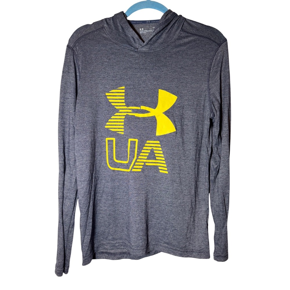 Under Armour Mens HeatGear Long Sleeve Hooded Tee Gray Yellow Logo SM SM/P/CH